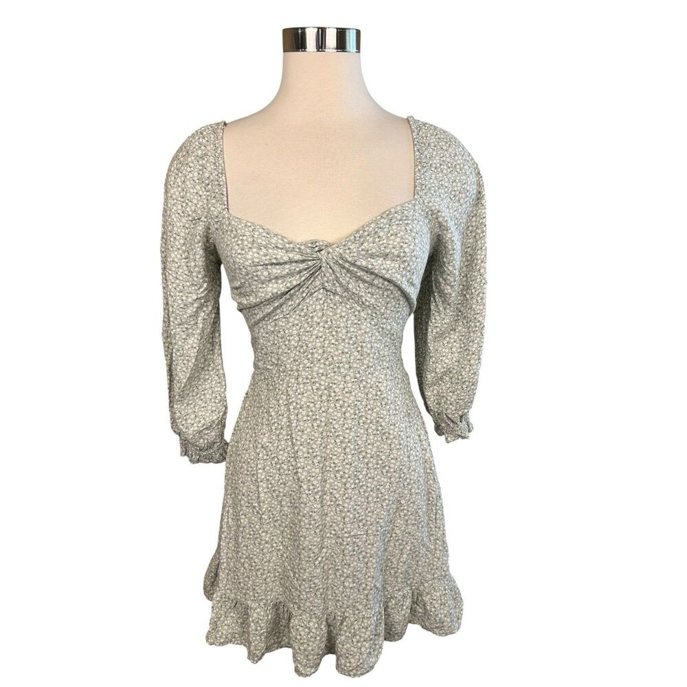 HOLLISTER Green Floral Sweatheart Ruched Babydoll Mini Dress V Neck XS